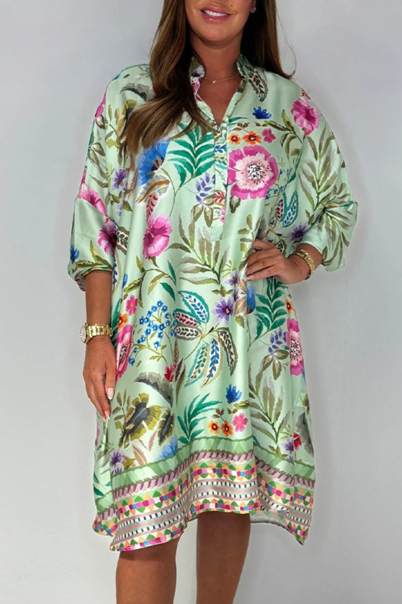 Vintage Floral Satin Loose Fit Shirt Dress (Buy 2 Free Shipping)