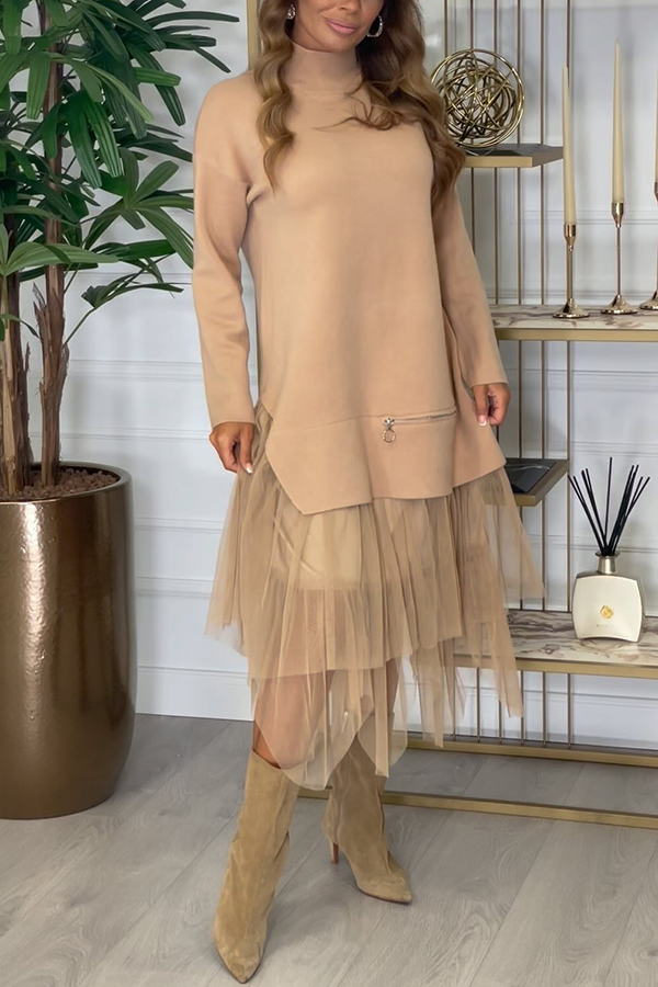 Knit Turtleneck Zip-up Top and Elastic Waist Tulle Loose Midi Skirt Set