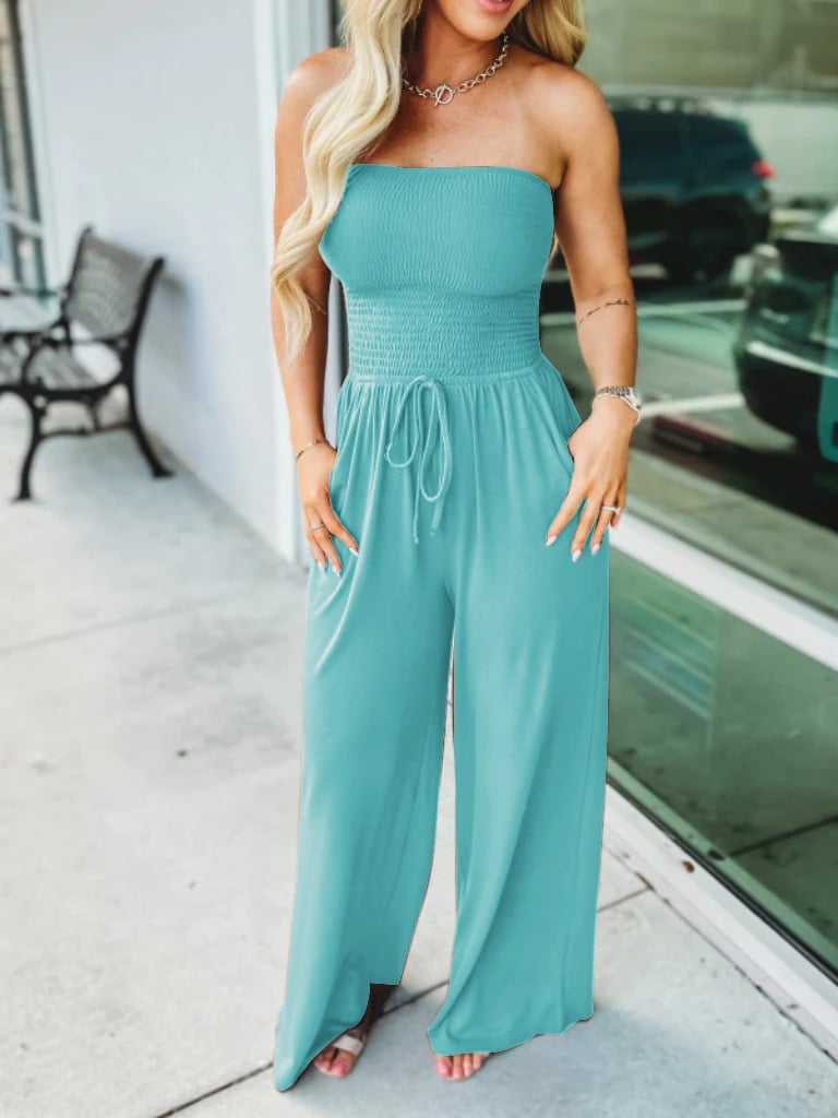 Last Day Promotion 49% OFF💖Off Shoulder Solid Colour Smocked Jumpsuit