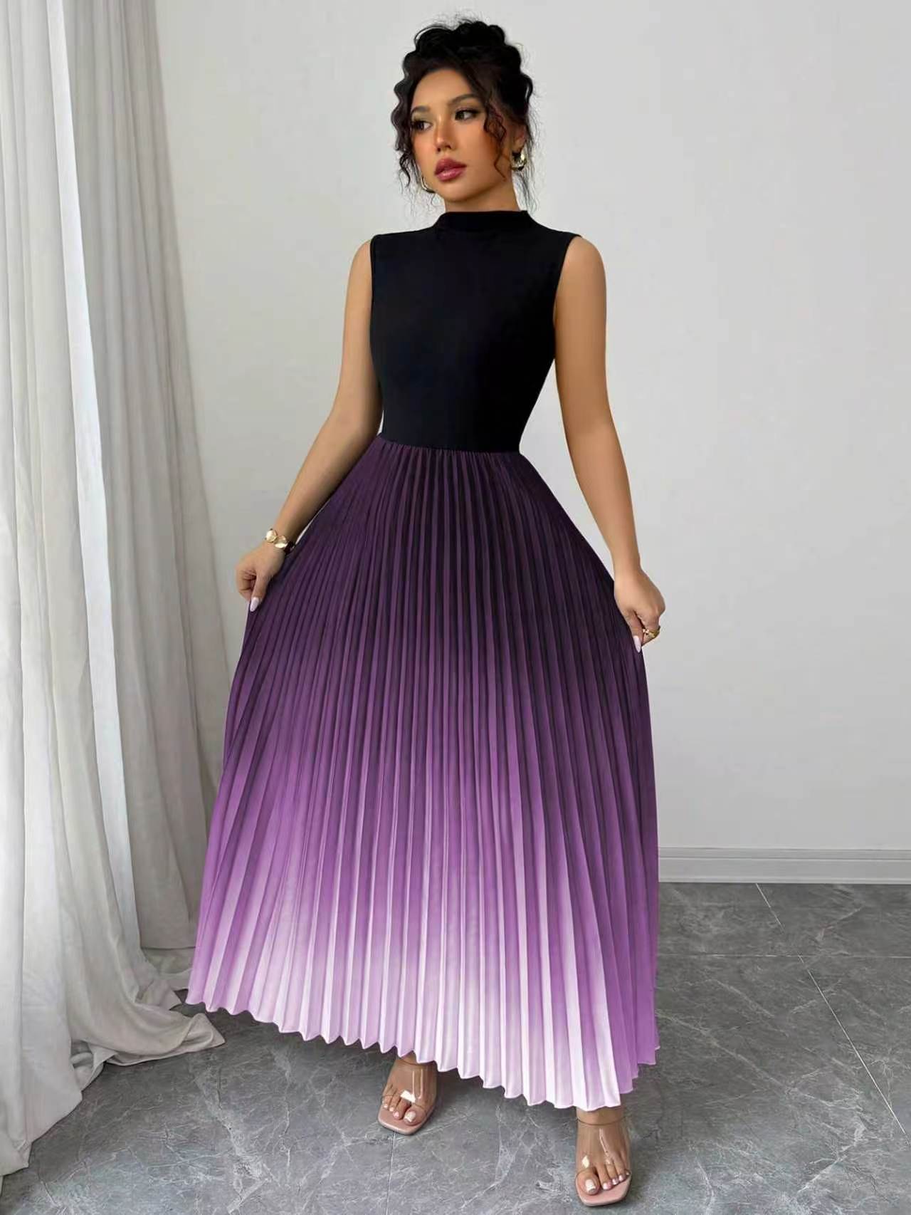 Elegant Ombre Pleated Sleeveless Maxi Dress
