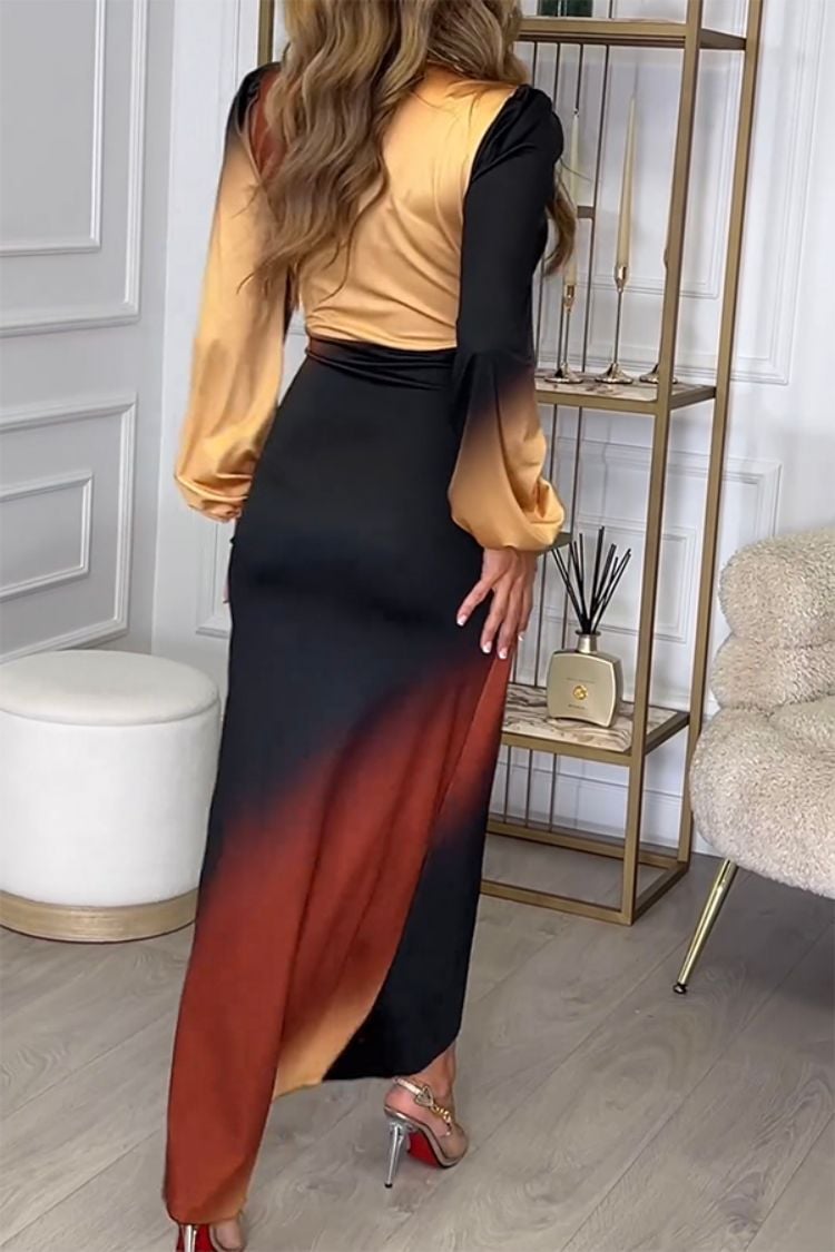V-neck Long Sleeve Gradient Print Dress (Buy 2 Free Shipping)