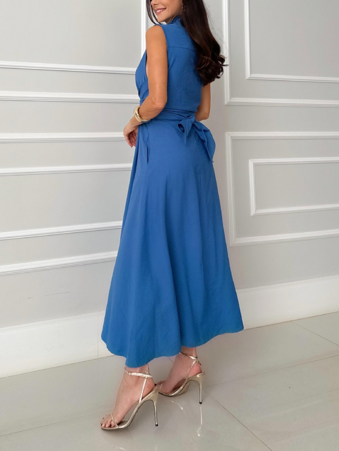 Elegant Sleeveless Tie Waist Collared Button Down Maxi Dress