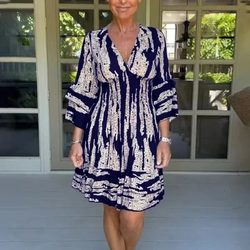 Last Day 49% OFF🔥Bell Bottom Sleeve V-Neck Printed Dress(BUY 2 FREE SHIPPING)