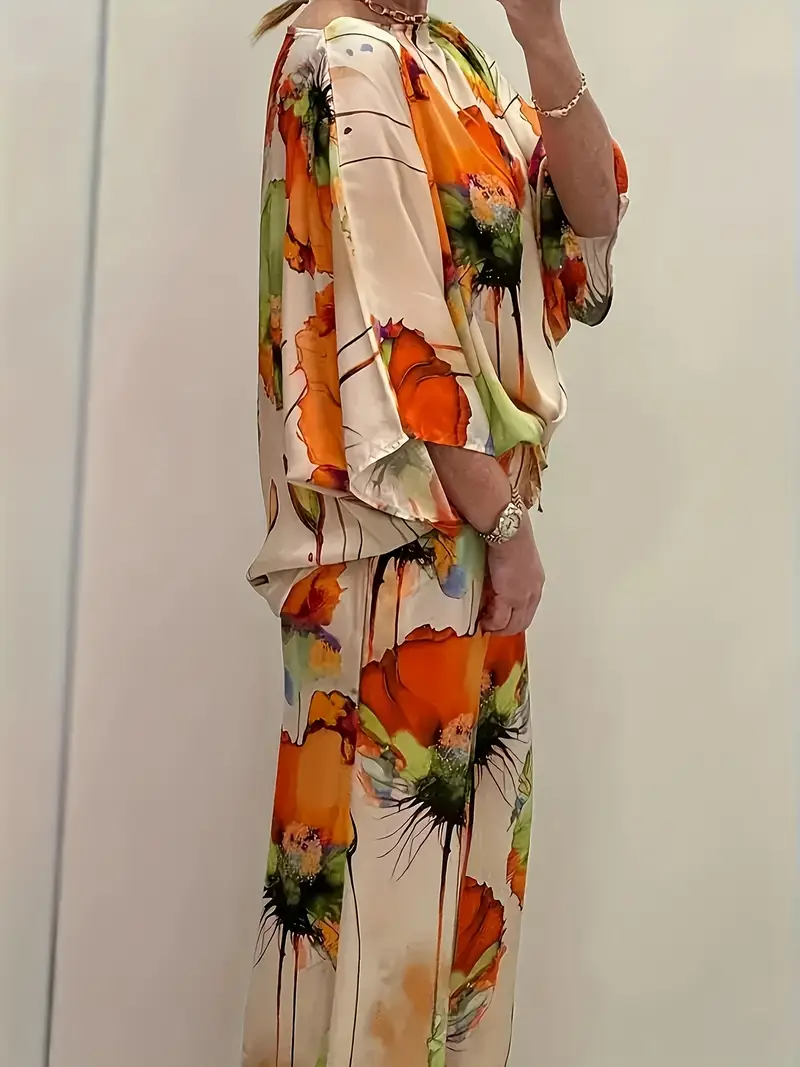 Watercolor Floral Top and Wide Leg Pants Two Piece Set
