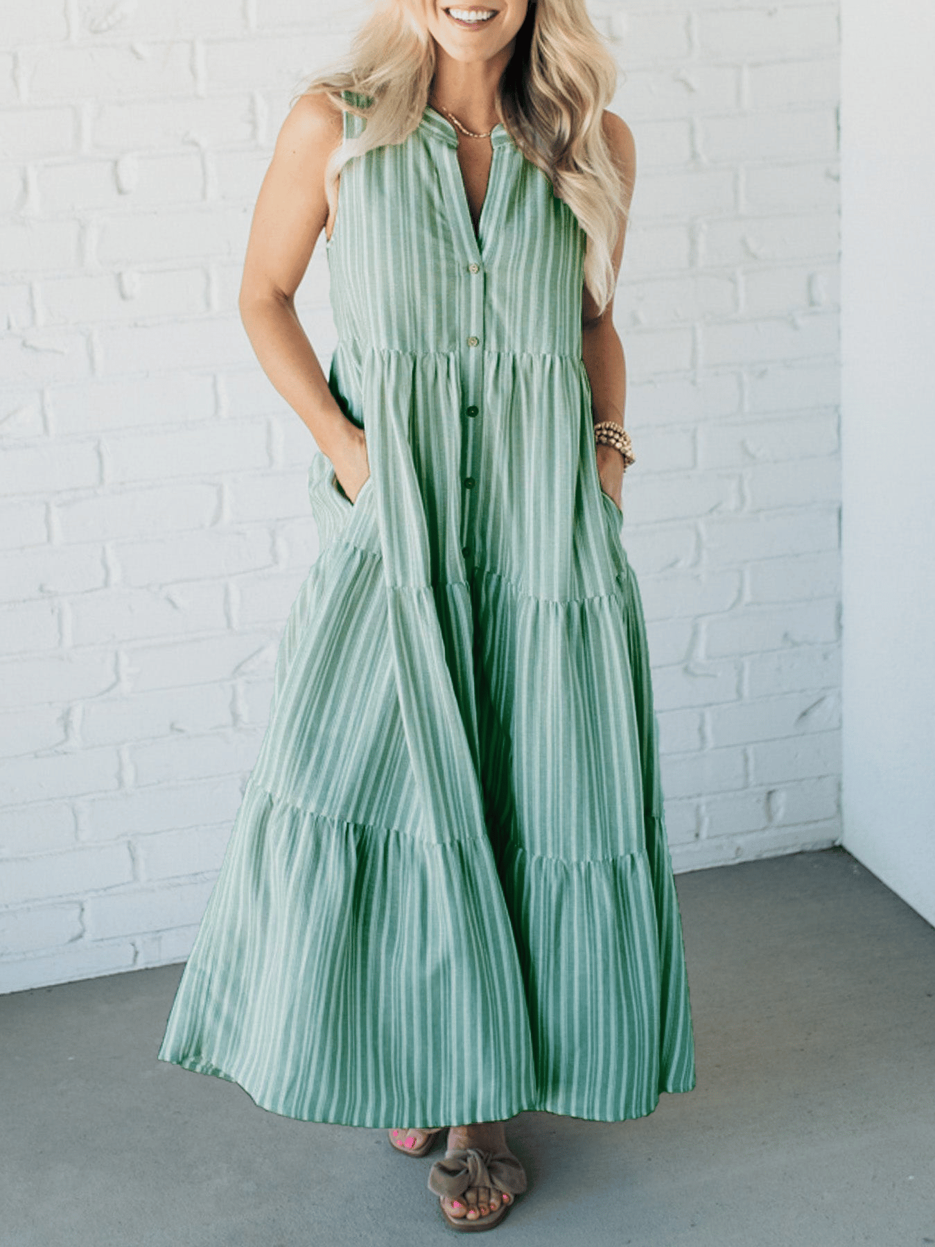 V Neck Striped Button Front Tiered Dress (Buy 2 Free Shipping)