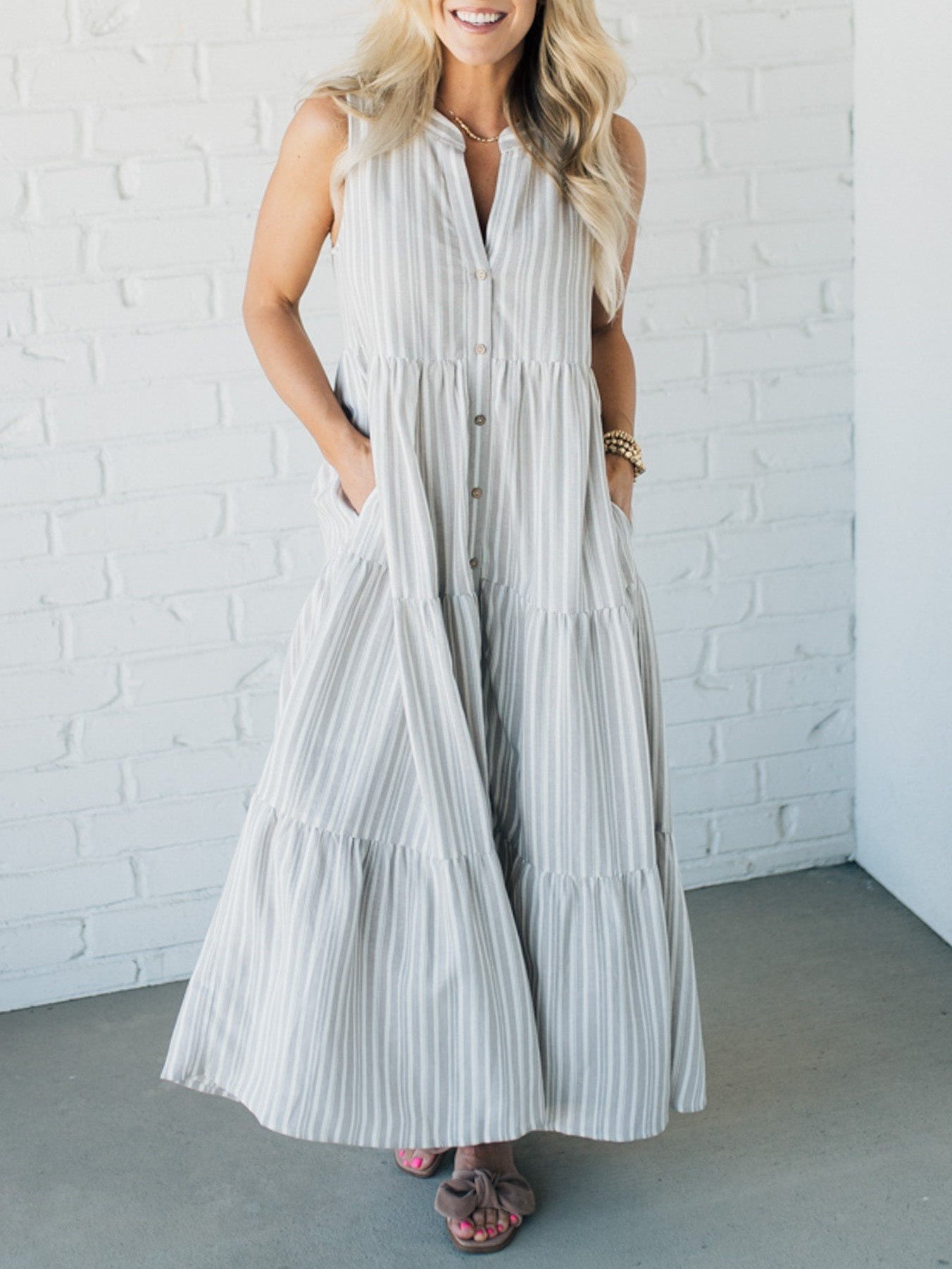 V Neck Striped Button Front Tiered Dress (Buy 2 Free Shipping)