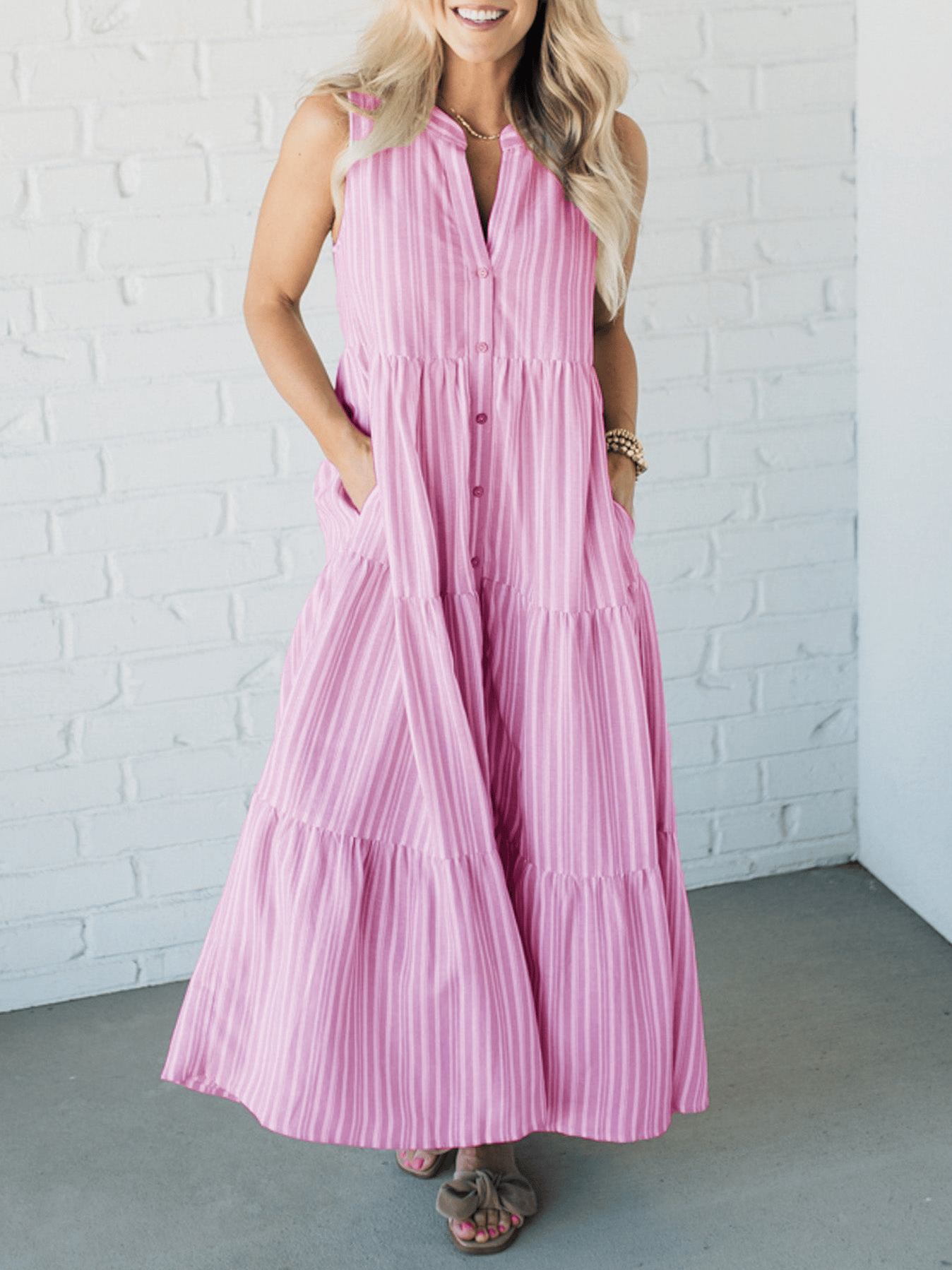 V Neck Striped Button Front Tiered Dress (Buy 2 Free Shipping)