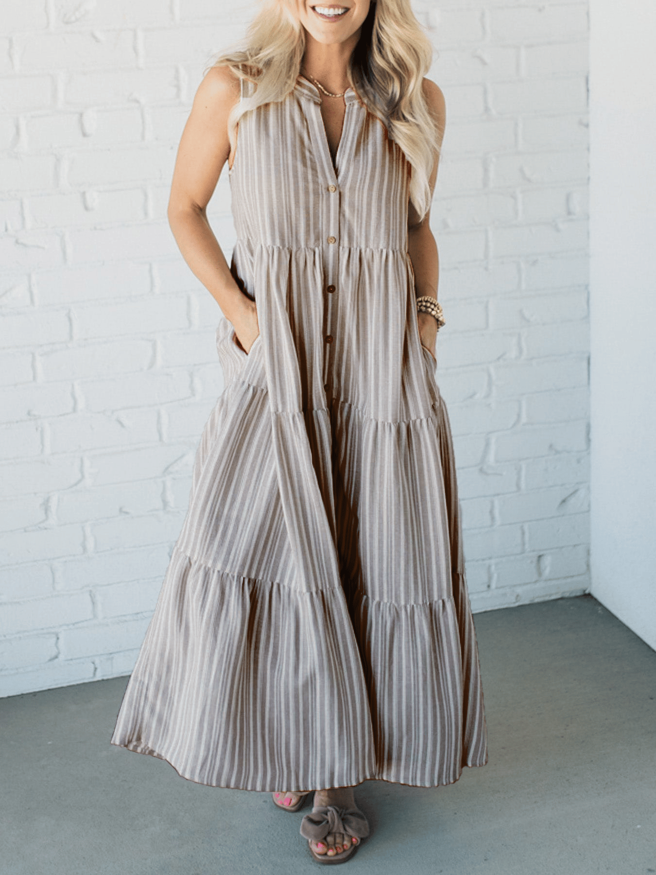 V Neck Striped Button Front Tiered Dress (Buy 2 Free Shipping)