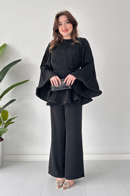 Pleated Bell Sleeve Top and Wide-Leg Pants Two Piece Set (Buy 2 Free Shipping)