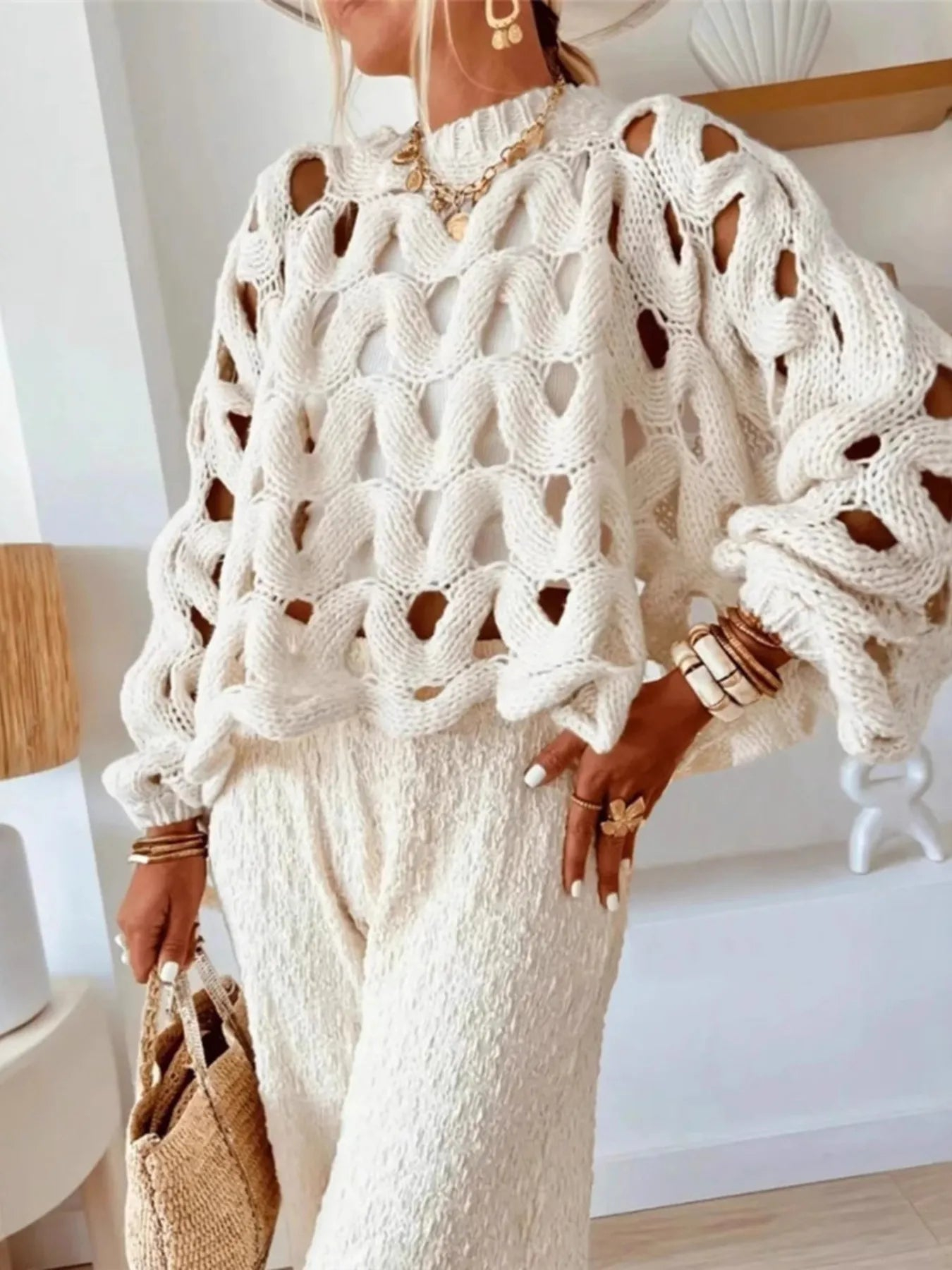 Chunky Hollow Knit Balloon Sleeve Sweater