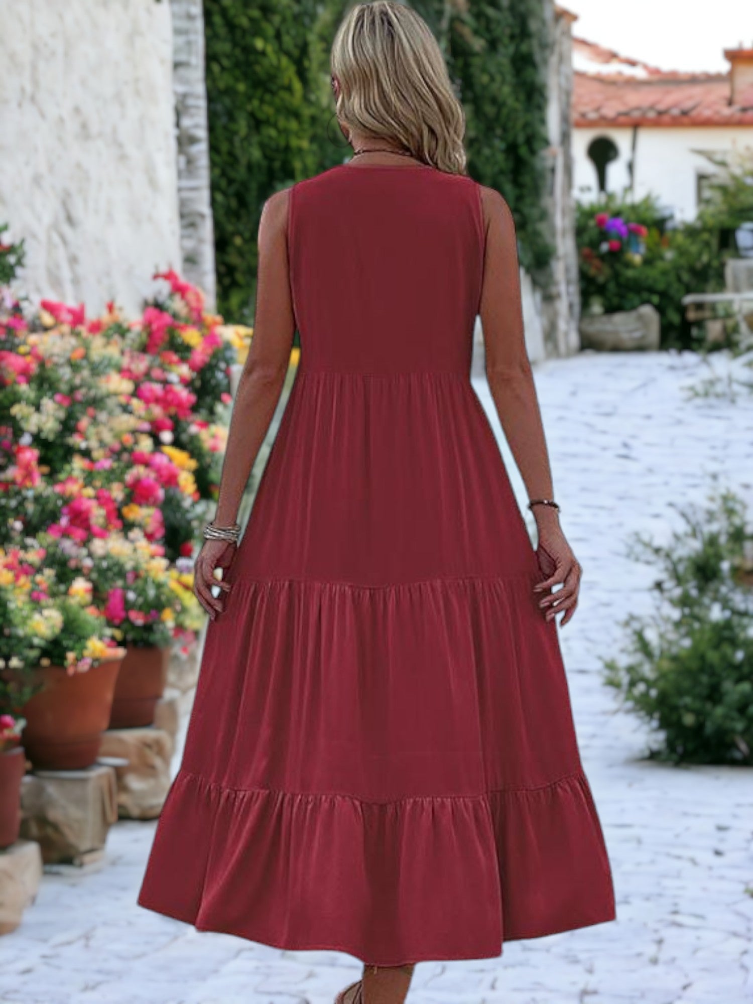 V-Neck Button Detailed Boho Midi Ruffle Dress For Women