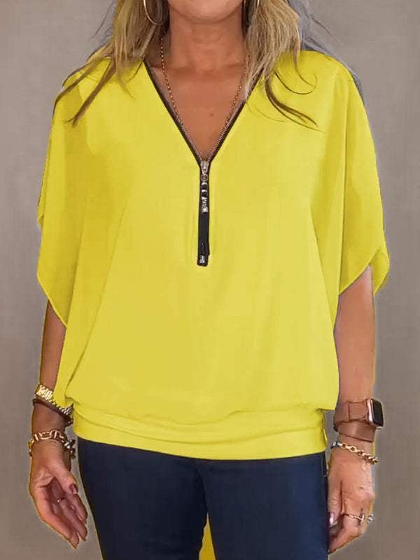 Last Day Promotion🔥Chiffon Half-zip Short-sleeved Casual Top(BUY 2 FREE SHIPPING)