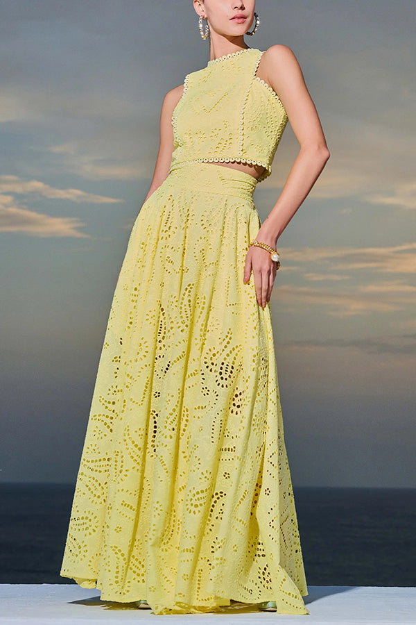 Paris Dreaming Embroidered Lace High Rise Pocketed Maxi Skirt and Crop Tank Top(Buy 2 Free Shipping)