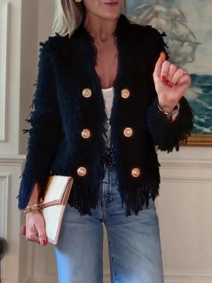Elegant Fringe Trim Gold Button Tweed Jacket (Buy 2 Free Shipping)