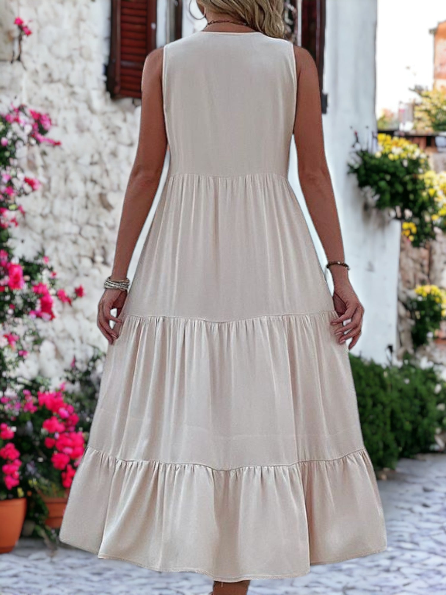 V-Neck Button Detailed Boho Midi Ruffle Dress For Women