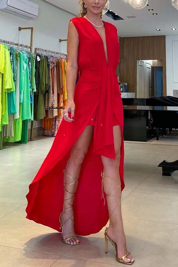 Tie-Front Plunge V-Neck High Low Maxi Dress (Buy 2 Free Shipping)
