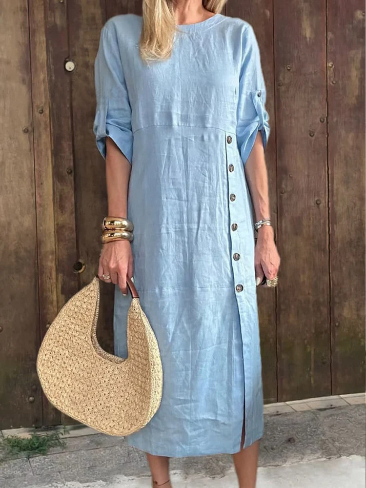 Linen Crew Neck Plain Short Sleeve Midi Dress
