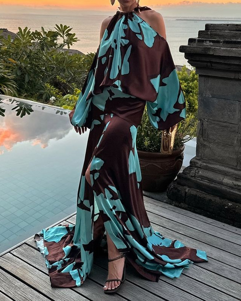 Off-the-shoulder Printed Slit Dress (Buy 2 Free Shipping)