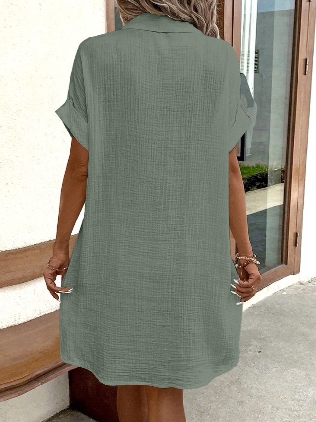 Relaxed Crinkle Button-Down Shirt Dress with Pockets (Buy 2 Free Shipping)