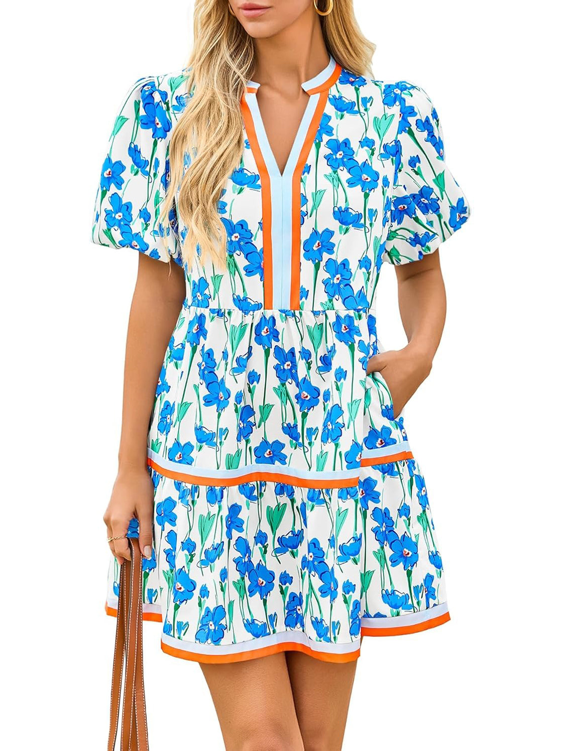Fresh Floral Contrast Trim Puff Sleeve Tiered Mini Dress