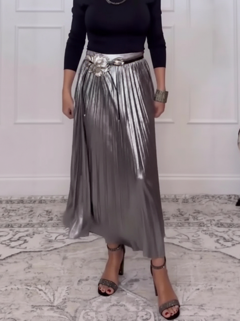 Elegant Shimmer High Waist Pleated Metallic Skirt (Buy 2 Free Shipping)
