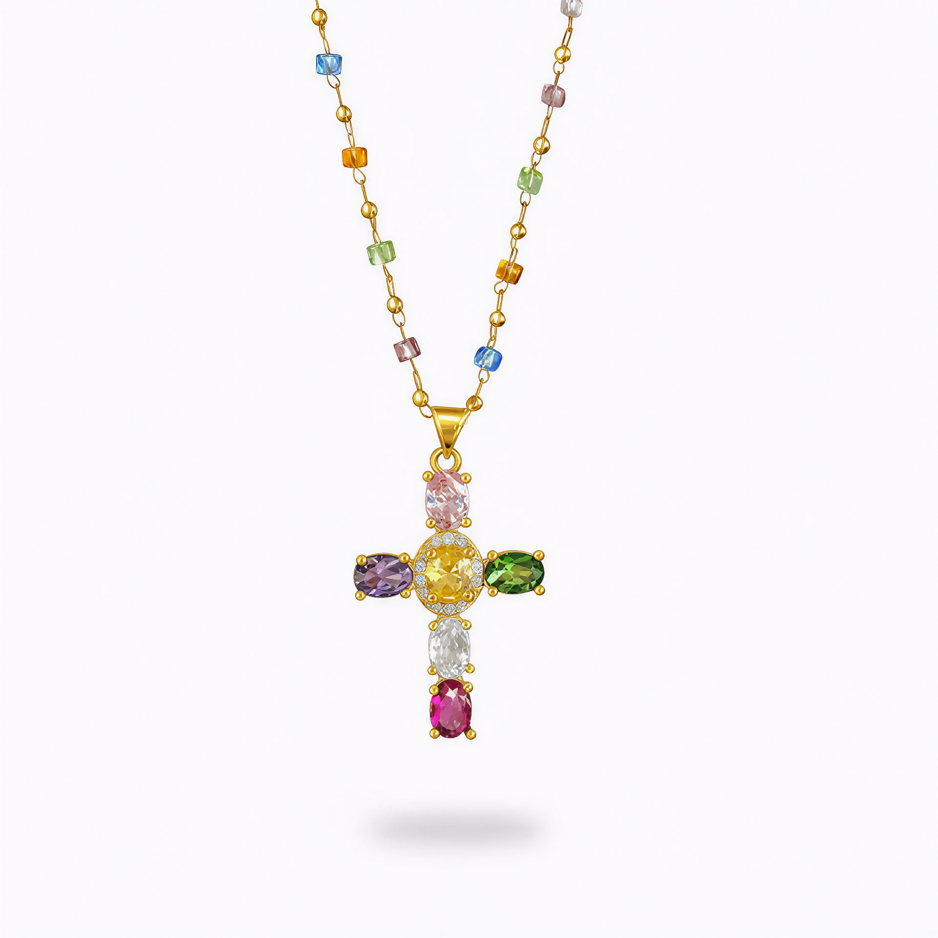 Vibrant Multicolor Crystal Cross Pendant Necklace