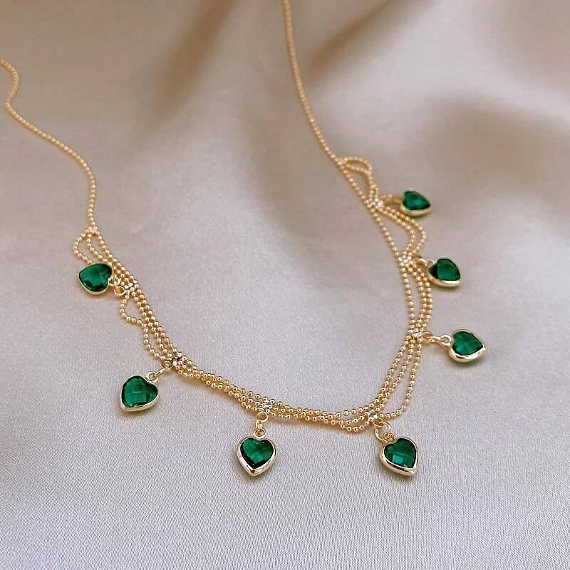 Green Heart Zirconia Pendant Gold Fashion Necklace