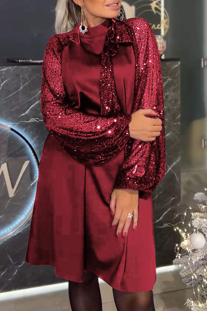 Elegant Sequin Mesh Sleeve A-Line Dress (Buy 2 Free Shipping)