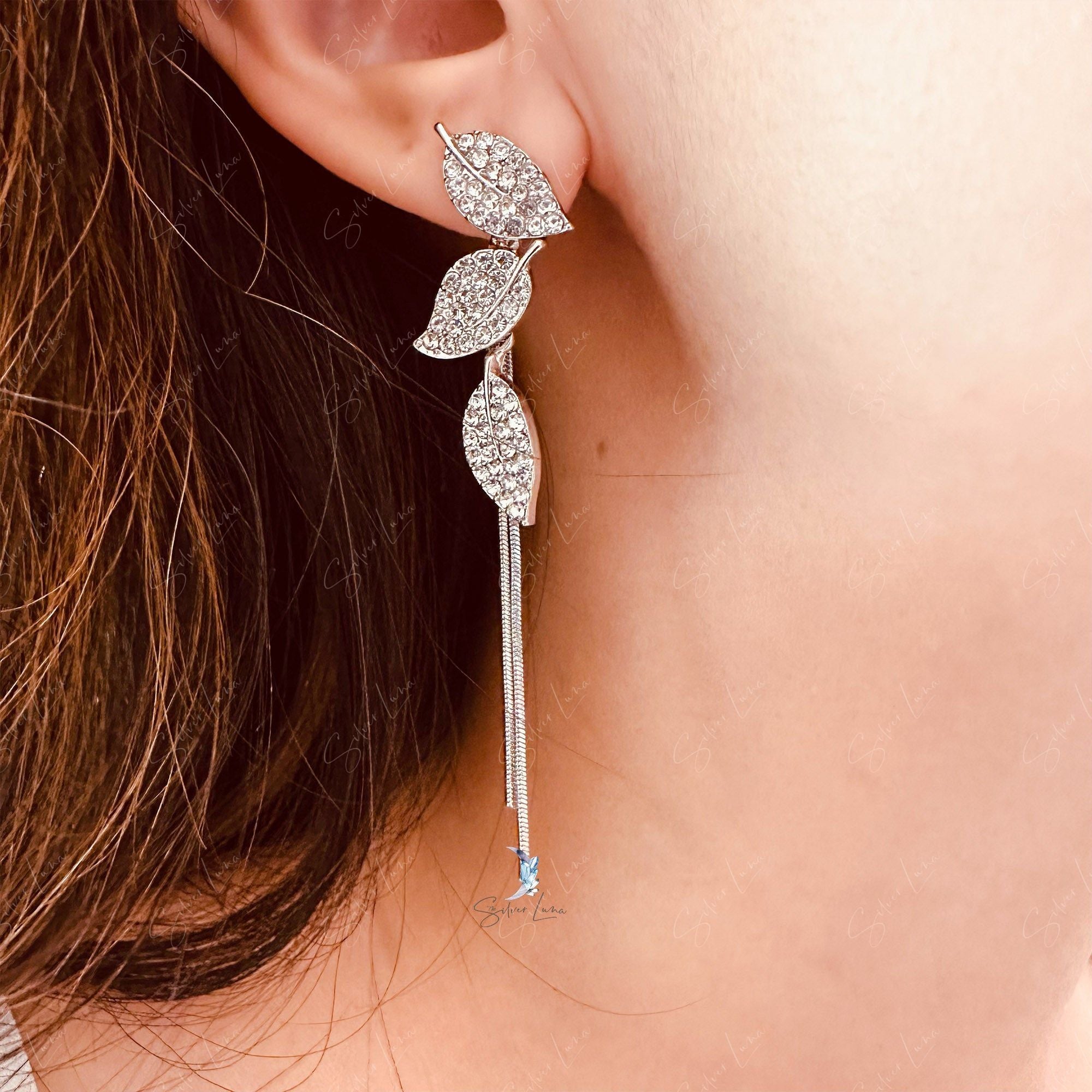 Rhinestone leaves tassel dangle drop earrings