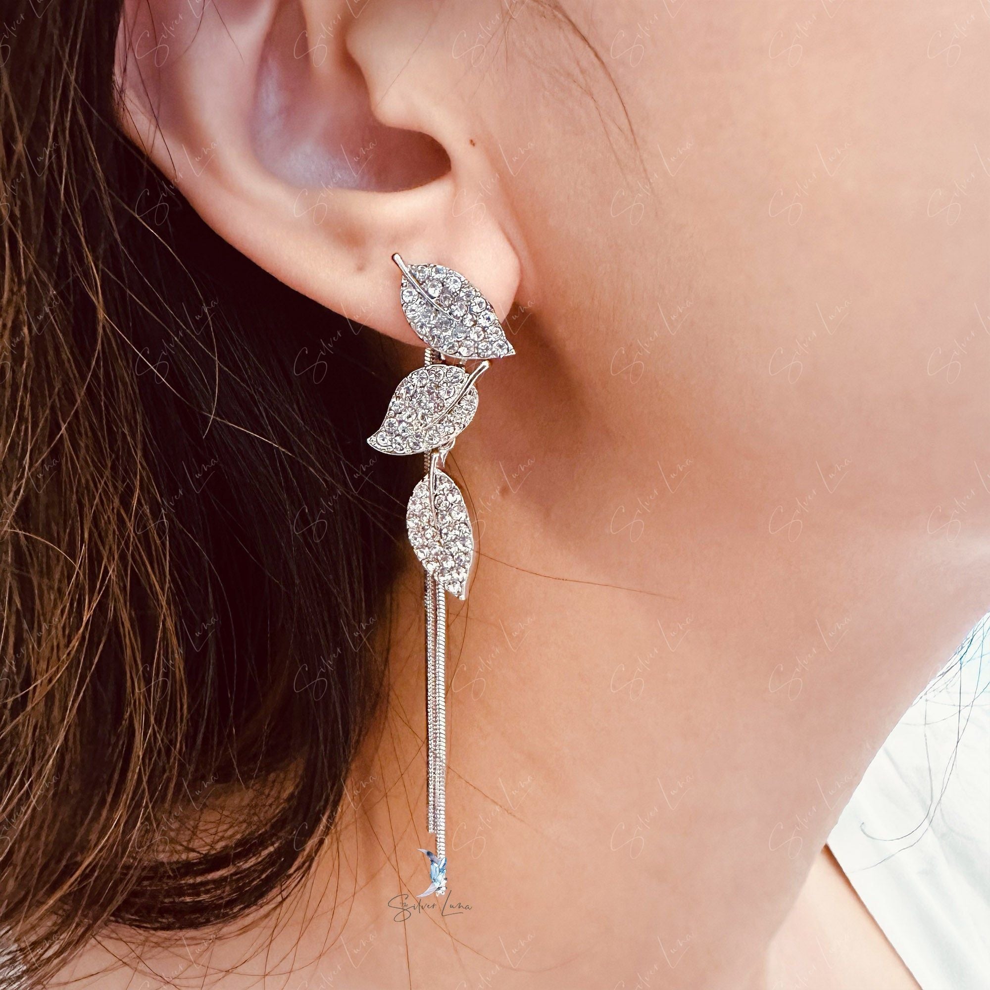 Rhinestone leaves tassel dangle drop earrings