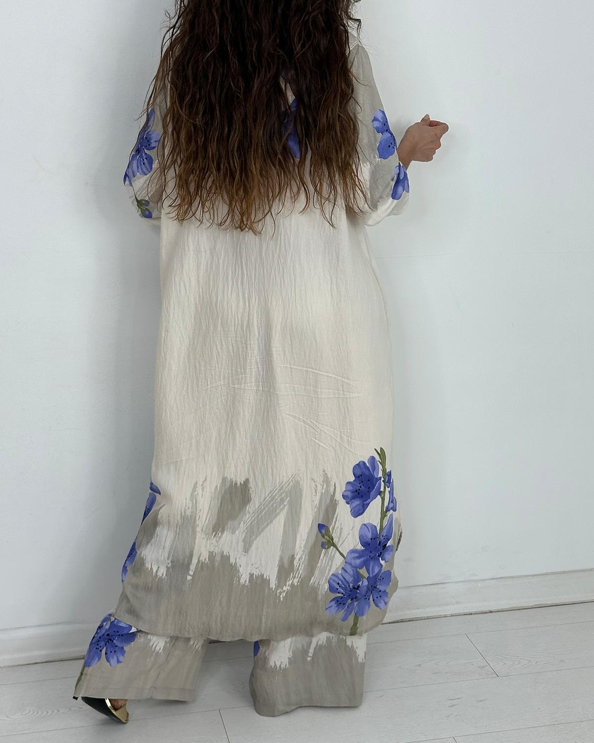 Elegant Watercolor Floral Longline Top Wide Leg Set