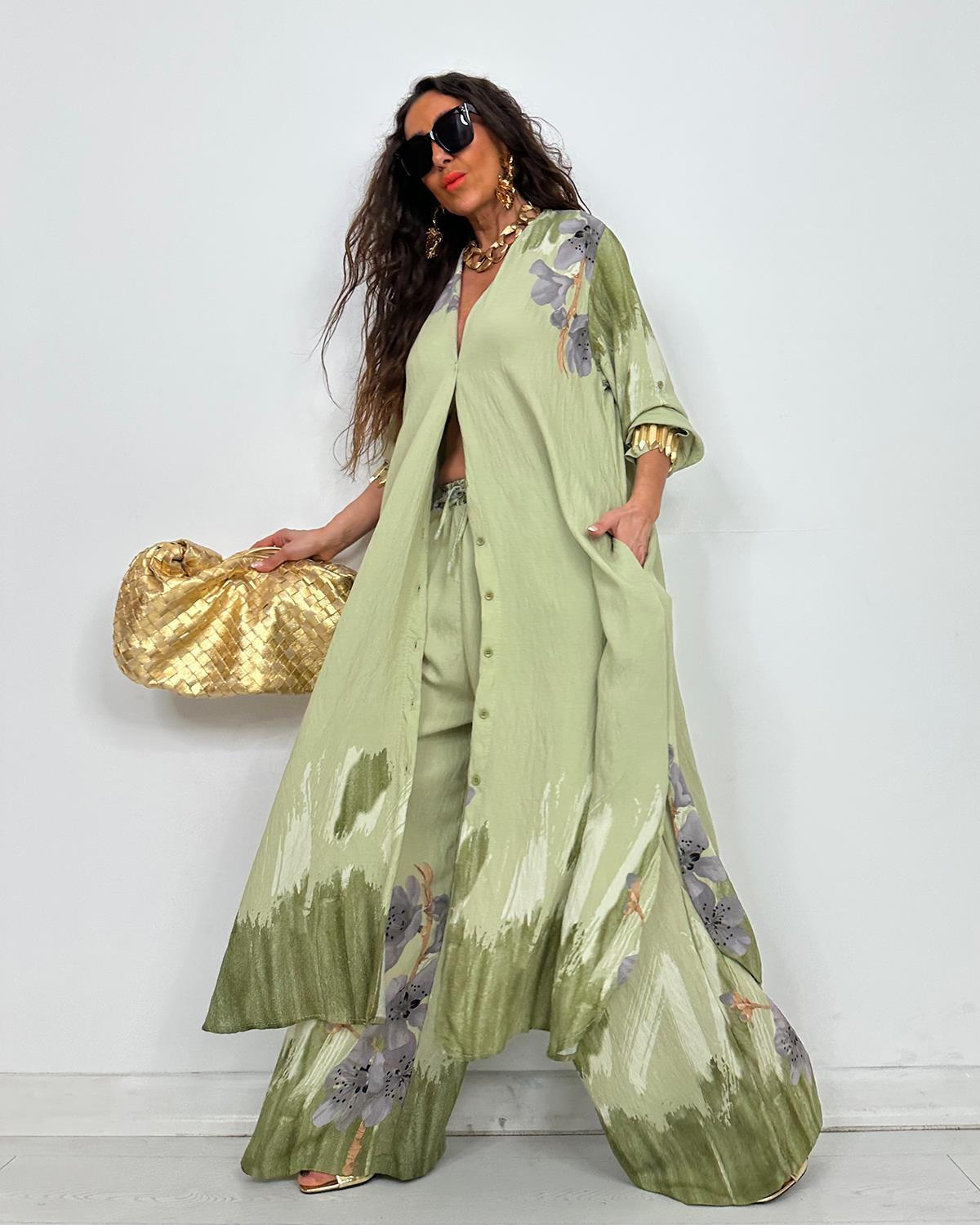 Elegant Watercolor Floral Longline Top Wide Leg Set