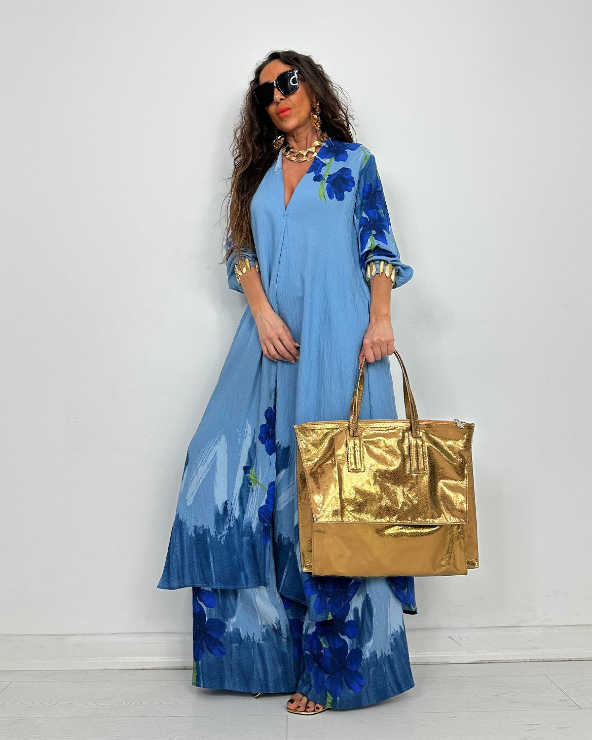 Elegant Watercolor Floral Longline Top Wide Leg Set