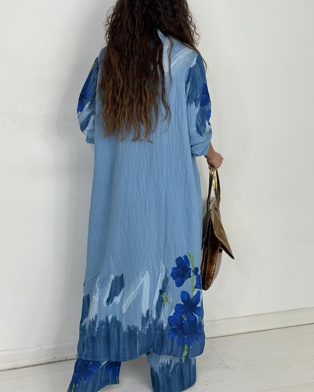 Elegant Watercolor Floral Longline Top Wide Leg Set