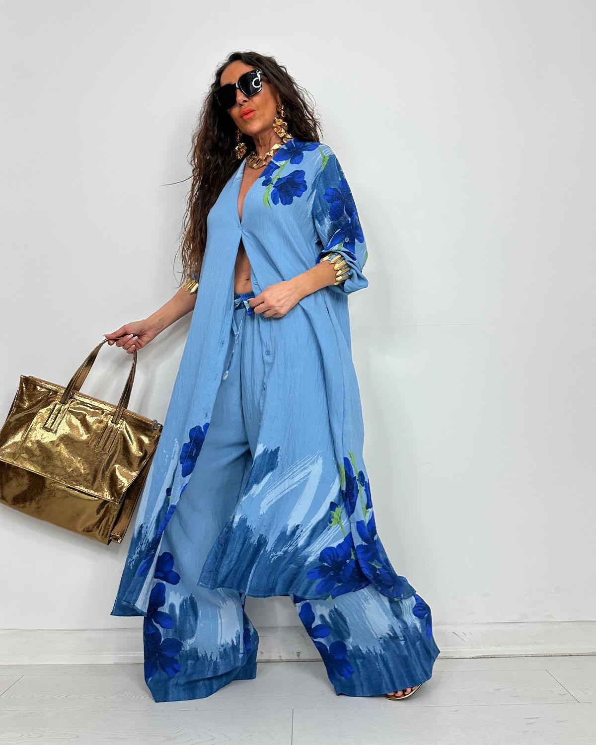 Elegant Watercolor Floral Longline Top Wide Leg Set