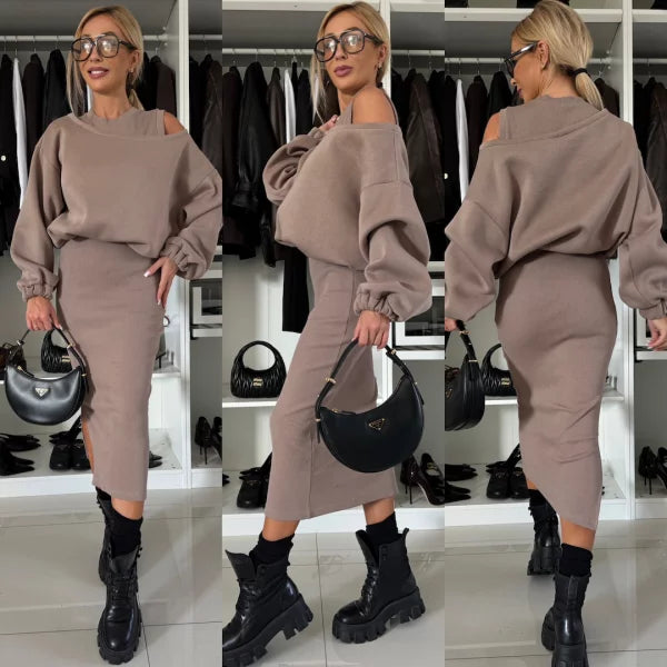Elegant Two-piece Set (Sweatshirt + Sleeveless Knitted Dress)
