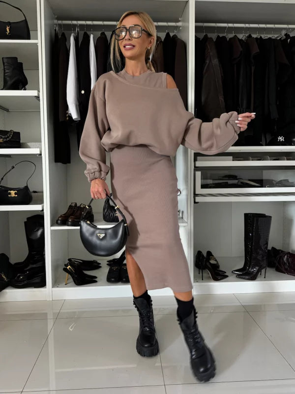 Elegant Two-piece Set (Sweatshirt + Sleeveless Knitted Dress)