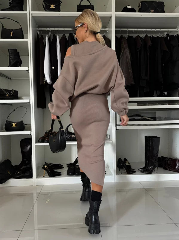 Elegant Two-piece Set (Sweatshirt + Sleeveless Knitted Dress)