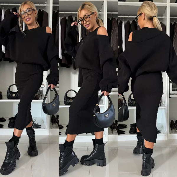 Elegant Two-piece Set (Sweatshirt + Sleeveless Knitted Dress)