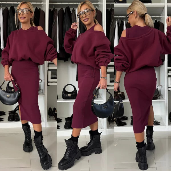 Elegant Two-piece Set (Sweatshirt + Sleeveless Knitted Dress)