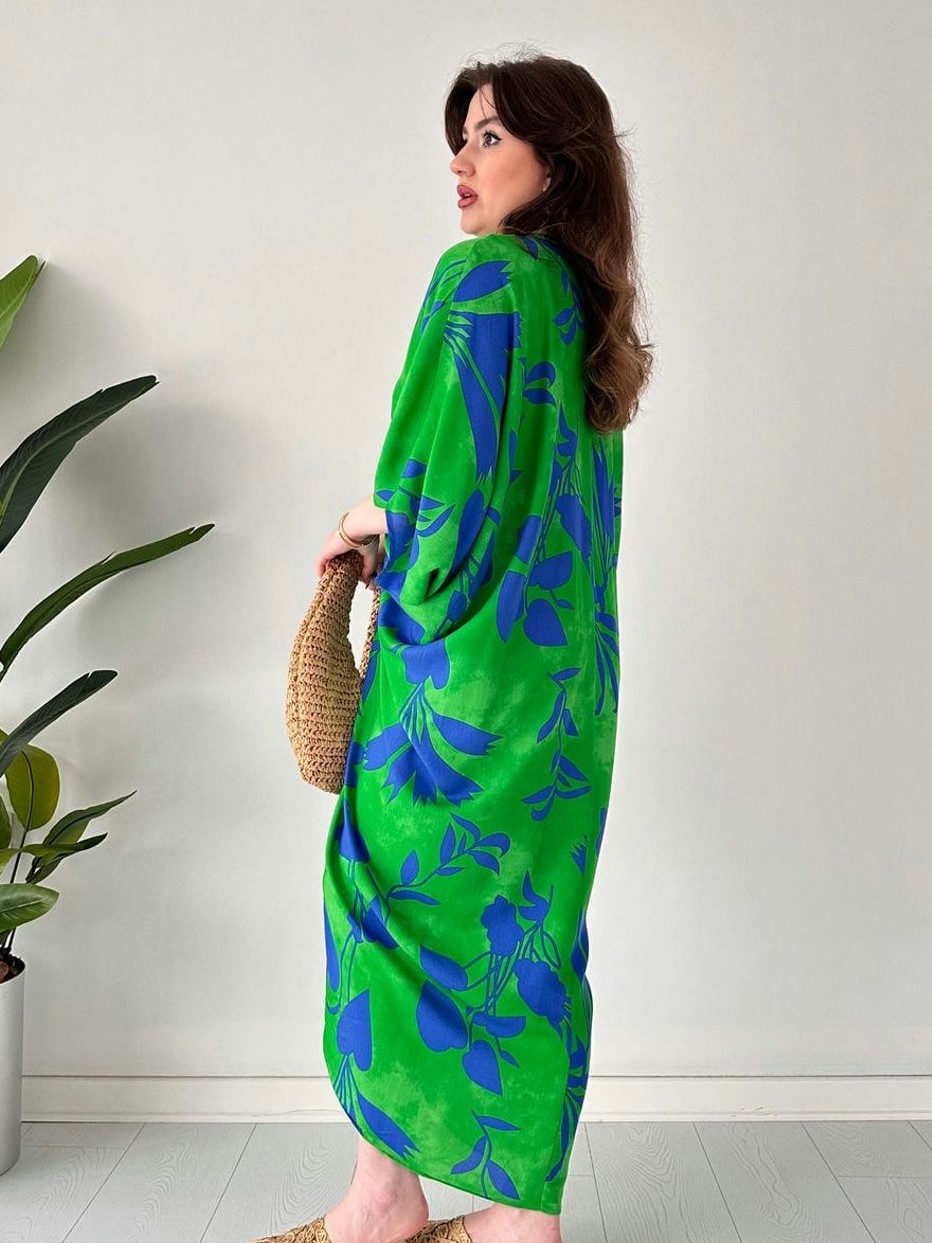 Flowy Tie Front Batwing Sleeve Printed Midi Dress (Buy 2 Free Shipping)