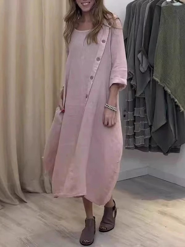 Loose Linen Cotton Asymmetric Button Dress (Buy 2 Free Shipping)