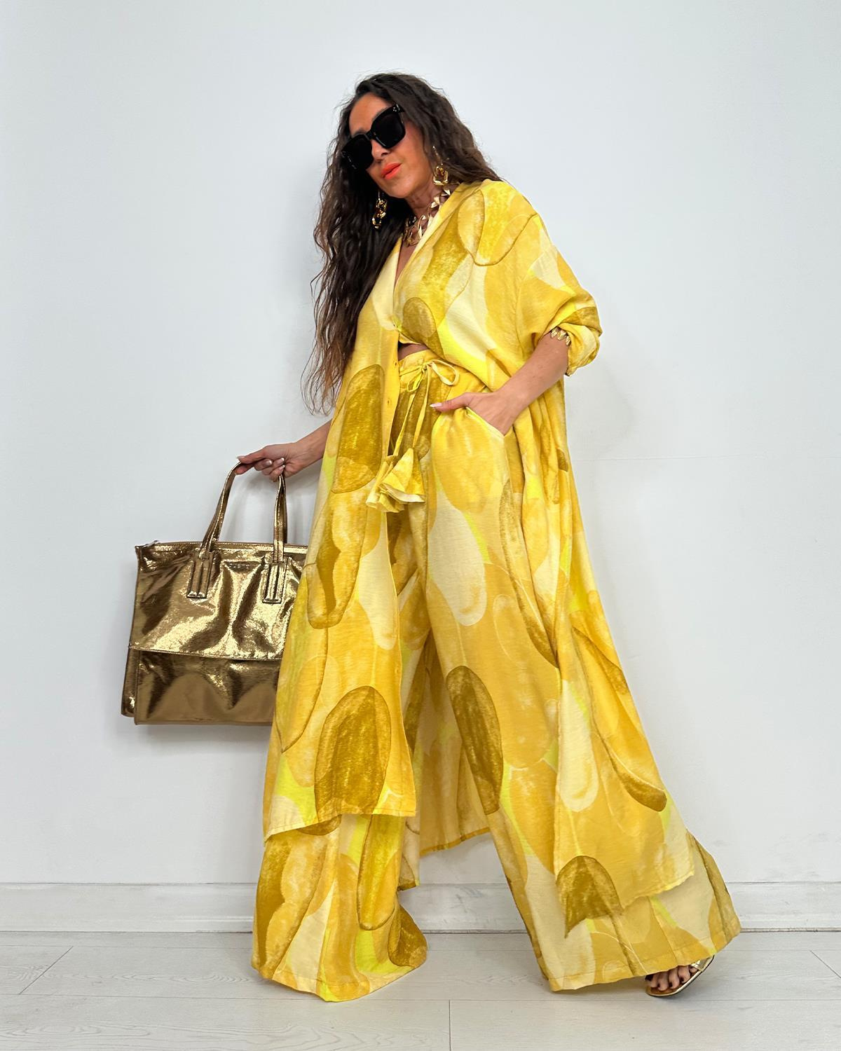 Elegant Print Button Longline Top Wide Leg Pants Set