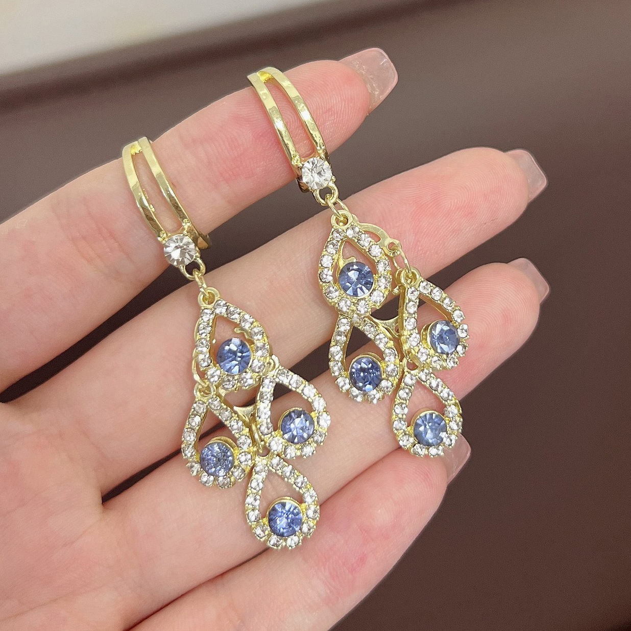 Purple Crystal Water Drop Long Tassel Earrings