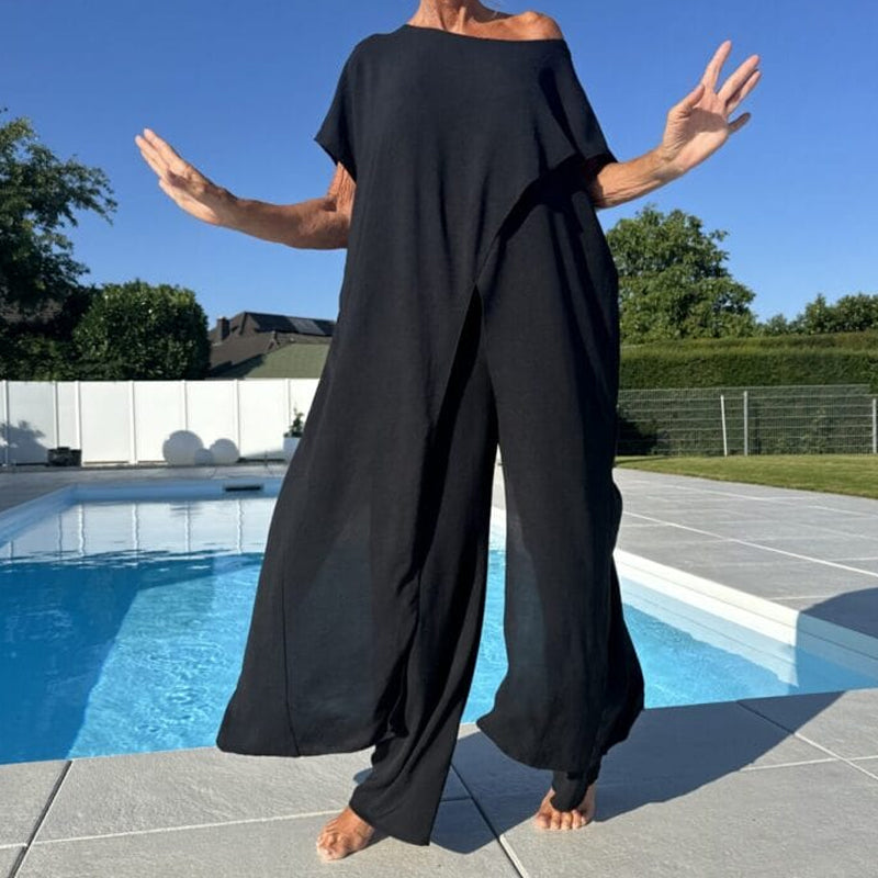 Flowy Asymmetrical Overlay Long Top and Wide Leg Pants Set