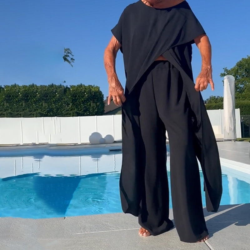Flowy Asymmetrical Overlay Long Top and Wide Leg Pants Set