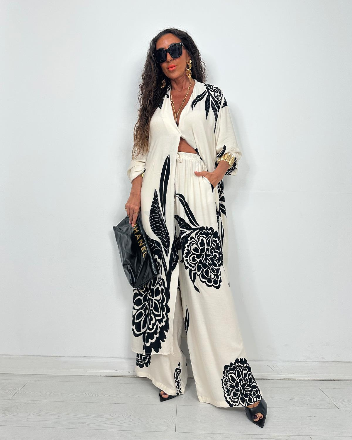 Boho Floral Print Button Front Longline Shirt Set (Buy 2 Free Shipping)