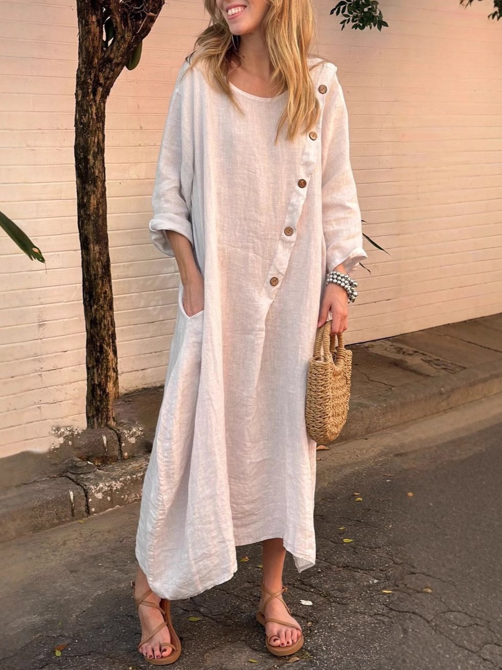 Loose Linen Cotton Asymmetric Button Dress (Buy 2 Free Shipping)