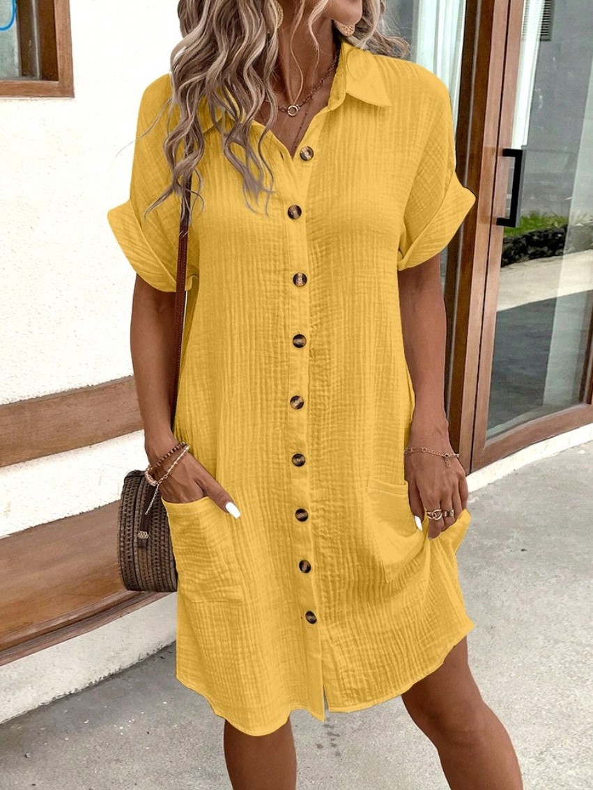 Relaxed Crinkle Button-Down Shirt Dress with Pockets (Buy 2 Free Shipping)