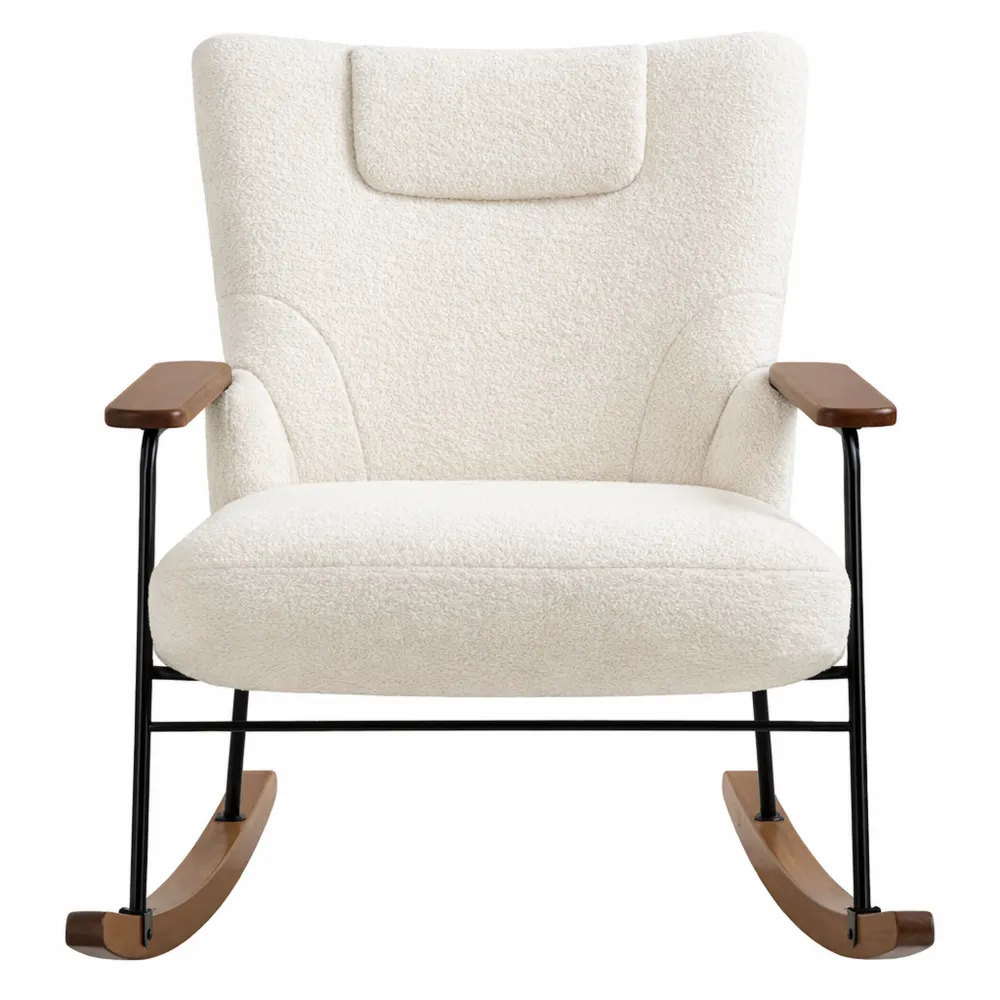 Chaise berçante en bois massif avec coussin lombaire, siège relax avec accoudoirs pour salon et chambre, capacité 136kg, beige